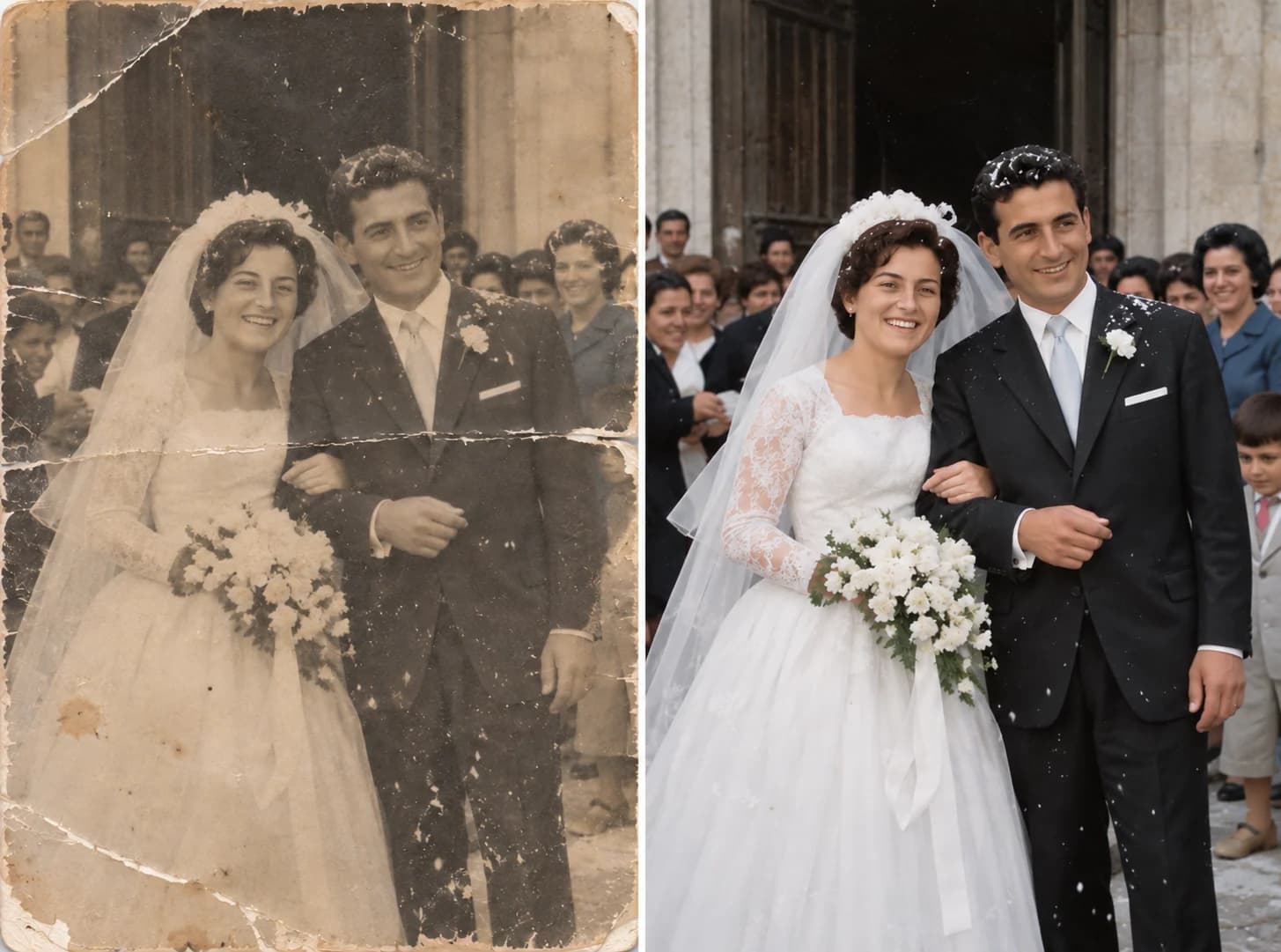 Prima e dopo illustrativi di una fotografia di matrimonio: a sinistra seppia e segni del tempo, a destra colori e maggiore chiarezza
